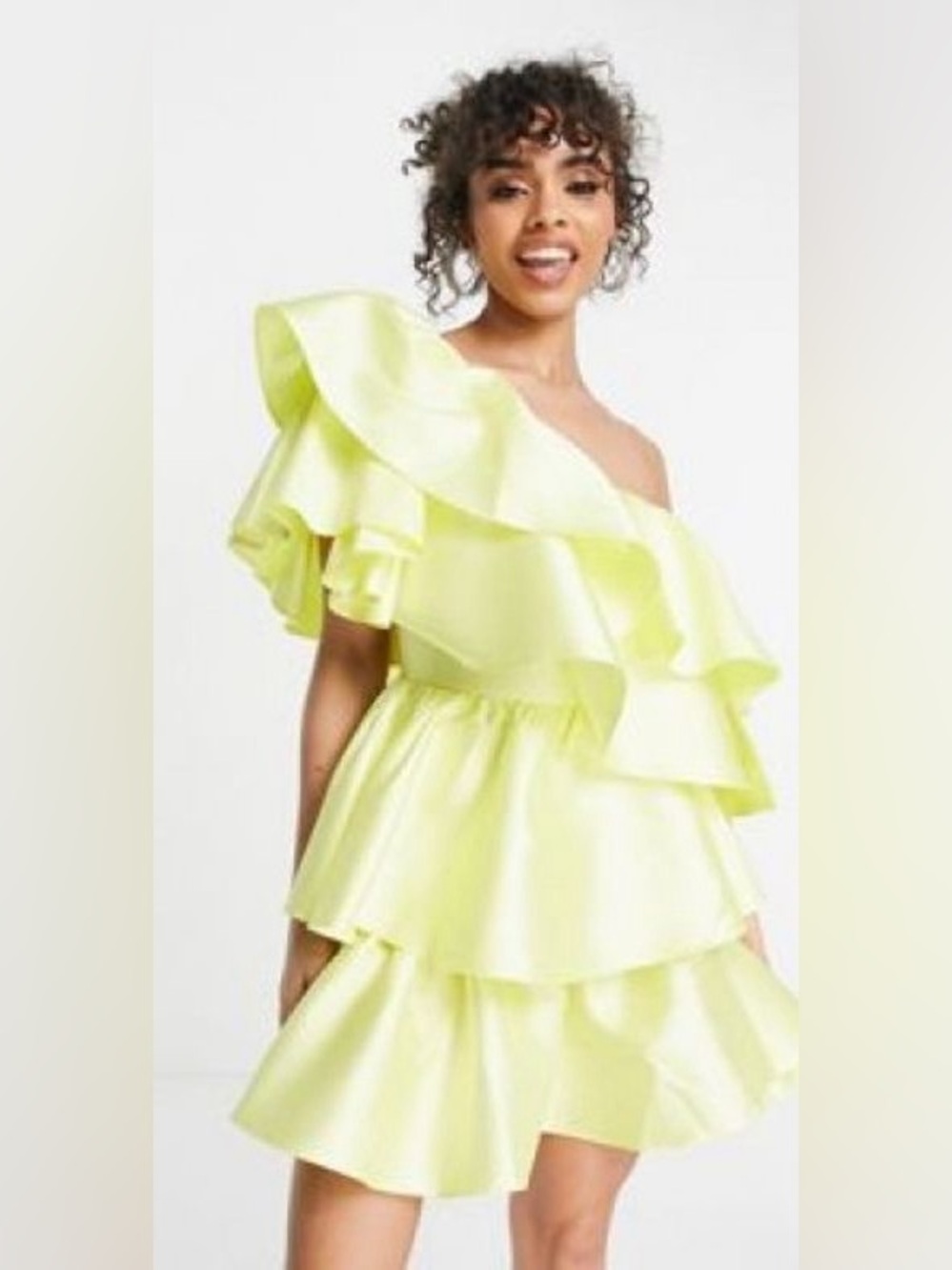 ASOS LUXE satin ruffle off shoulder mini dress in lemon-Yellow - Picture 4 of 7